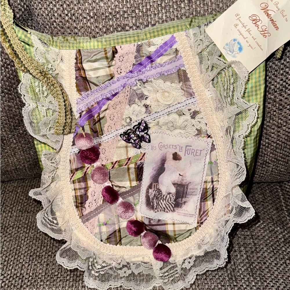 Victorian BohoVintage-Inspired Patchwork Bag Green and Purple Handmade Bag